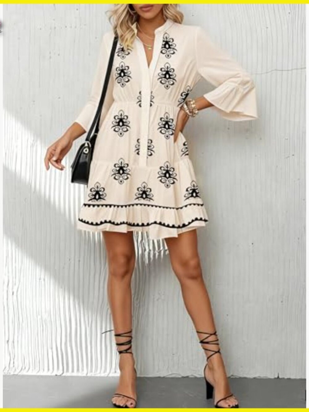 Flowy Ruffle 3/4 Sleeve V Neck Tiered Babydoll Boho Mini Dress Casual - Picture 4 of 4